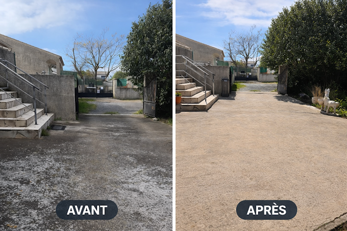 Avant après nettoyage dalle béton haute pression